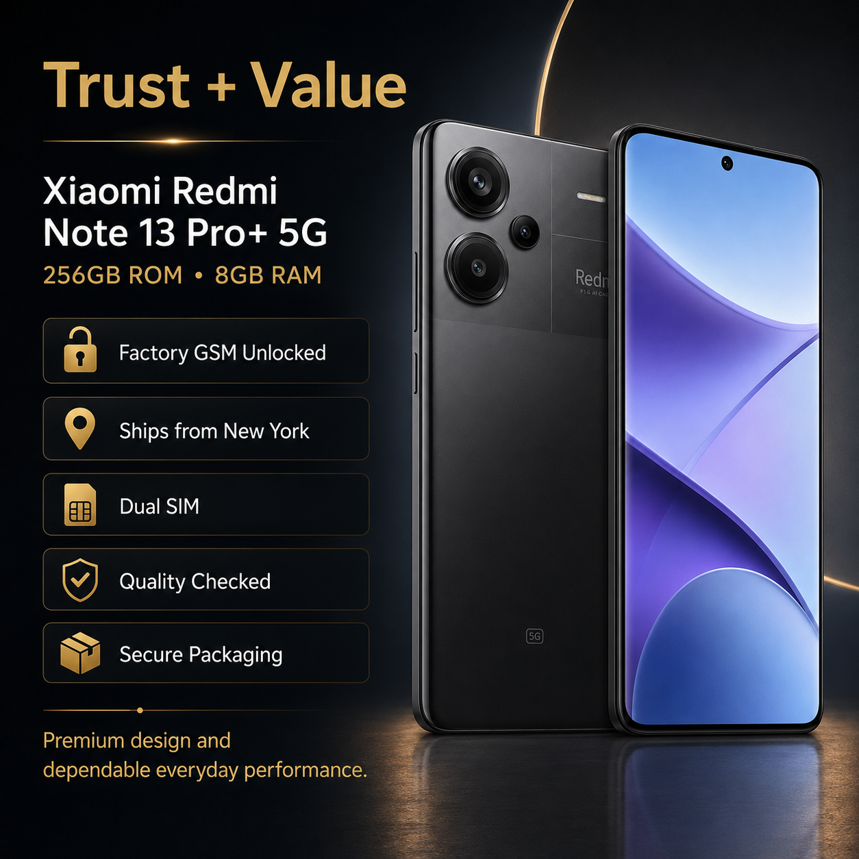 Xiaomi Redmi Note 13 PRO Plus 5G 256GB ROM 8GB RAM Dual SIM GSM Unlocked - Midnight Black