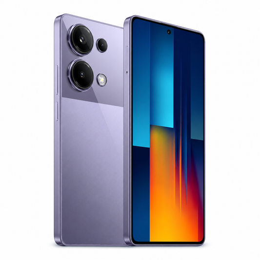 Purple Xiaomi smartphone with dual rear cameras and front display on