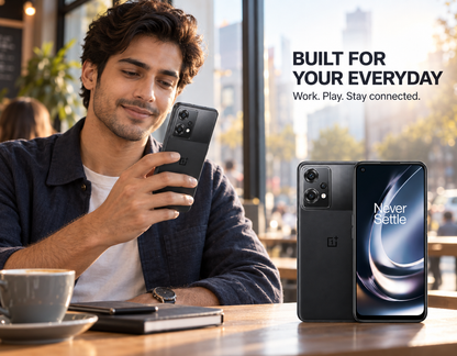 OnePlus Nord CE 2 Lite Black smartphone held in use, with front Never Settle screen and rear cameras visible