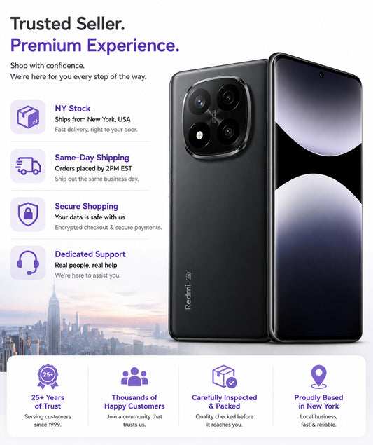 Midnight black Xiaomi Redmi Note 14 Pro+ 5G smartphone shown on an info graphic