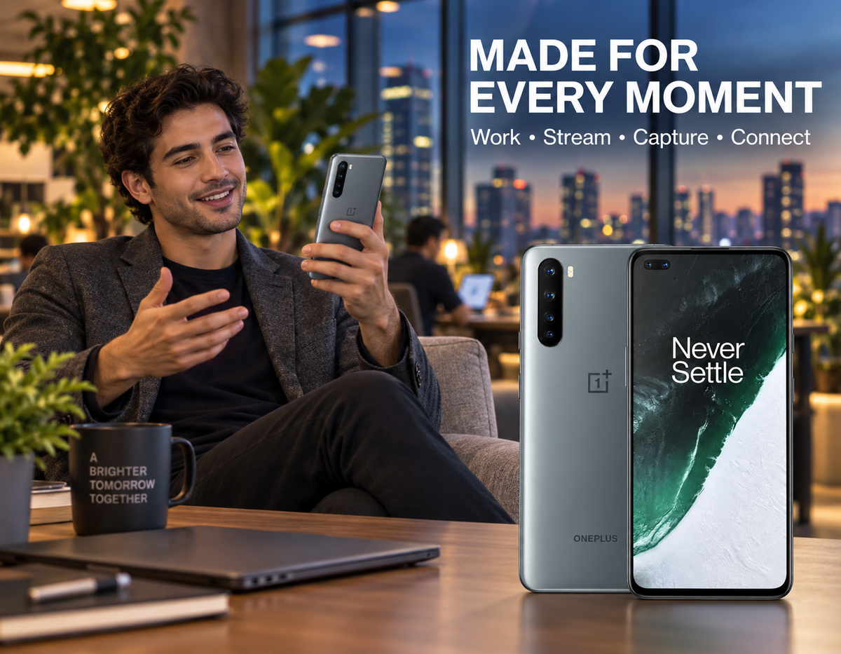 Gray OnePlus Nord 5G smartphone in hand, showing front screen and rear camera