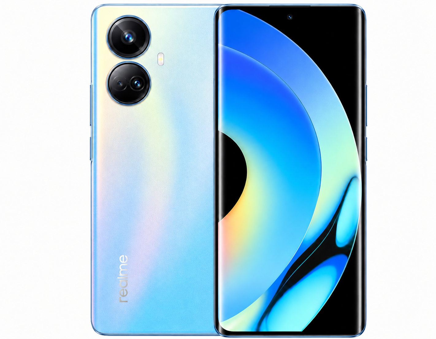 Realme 10 Pro+ 5G Blue Realme smartphone front and back with dual rear cameras.