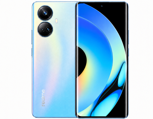 Realme 10 Pro+ 5G Blue Realme smartphone front and back with dual rear cameras.