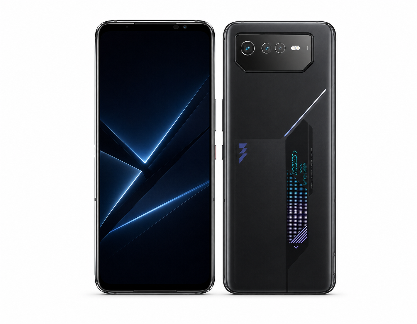 Black ASUS ROG Phone 6 smartphone front and back, rear camera panel at top-left.