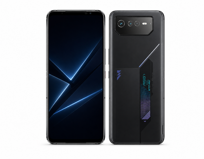 Black ASUS ROG Phone 6 smartphone front and back, rear camera panel at top-left.