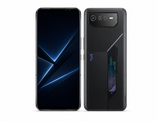 Black ASUS ROG Phone 6 smartphone front and back, rear camera panel at top-left.