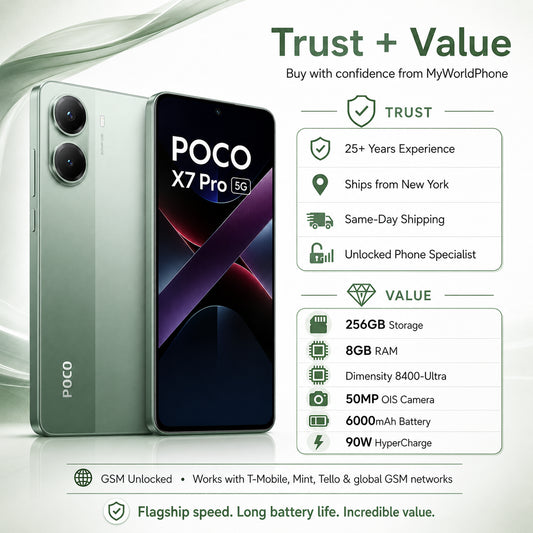 Green Poco X7 Pro 5G smartphone with front phone beside it and badge-style panels