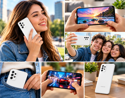 White Samsung Galaxy A23 smartphone held by people, rear cameras visible
