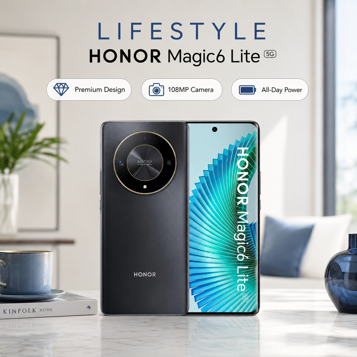 Black Honor Magic6 Lite smartphone presented upright, showing front and back views together.