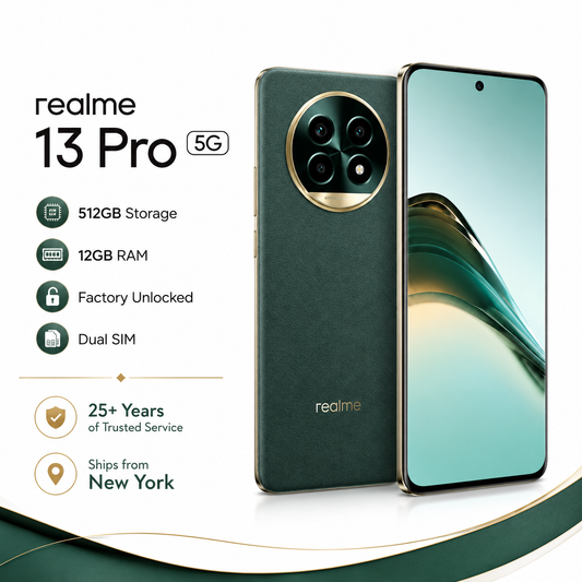 Realme 13 Pro 5G smartphone in emerald green, back and front side by side.