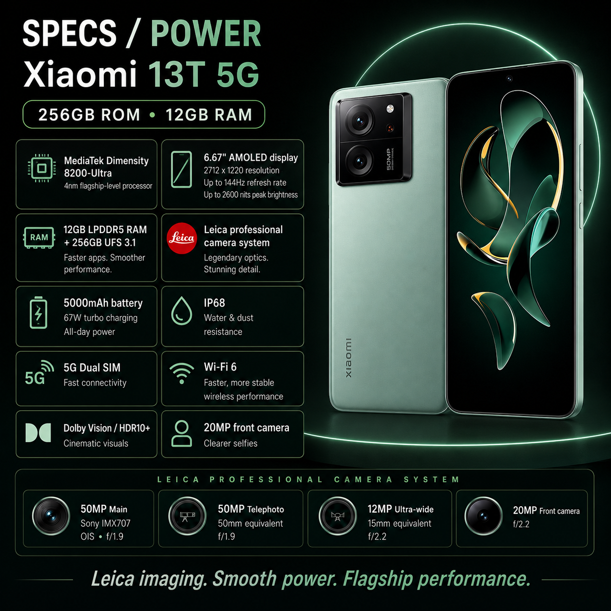 Xiaomi mI 13T 5G Dual SIM 256GB ROM 12GB RAM GSM Unlocked - Green