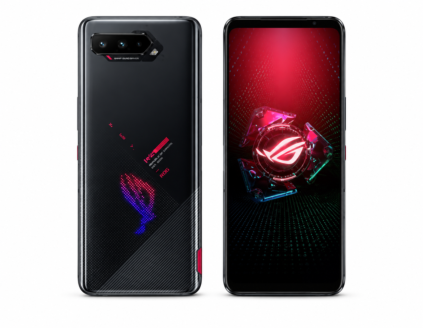Asus ROG Phone 5 Black gaming smartphone with dual rear cameras and front display, ROG-style design