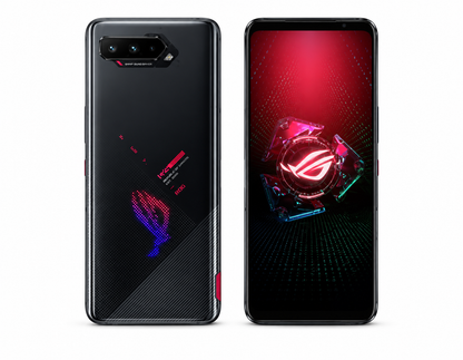 Asus ROG Phone 5 Black gaming smartphone with dual rear cameras and front display, ROG-style design