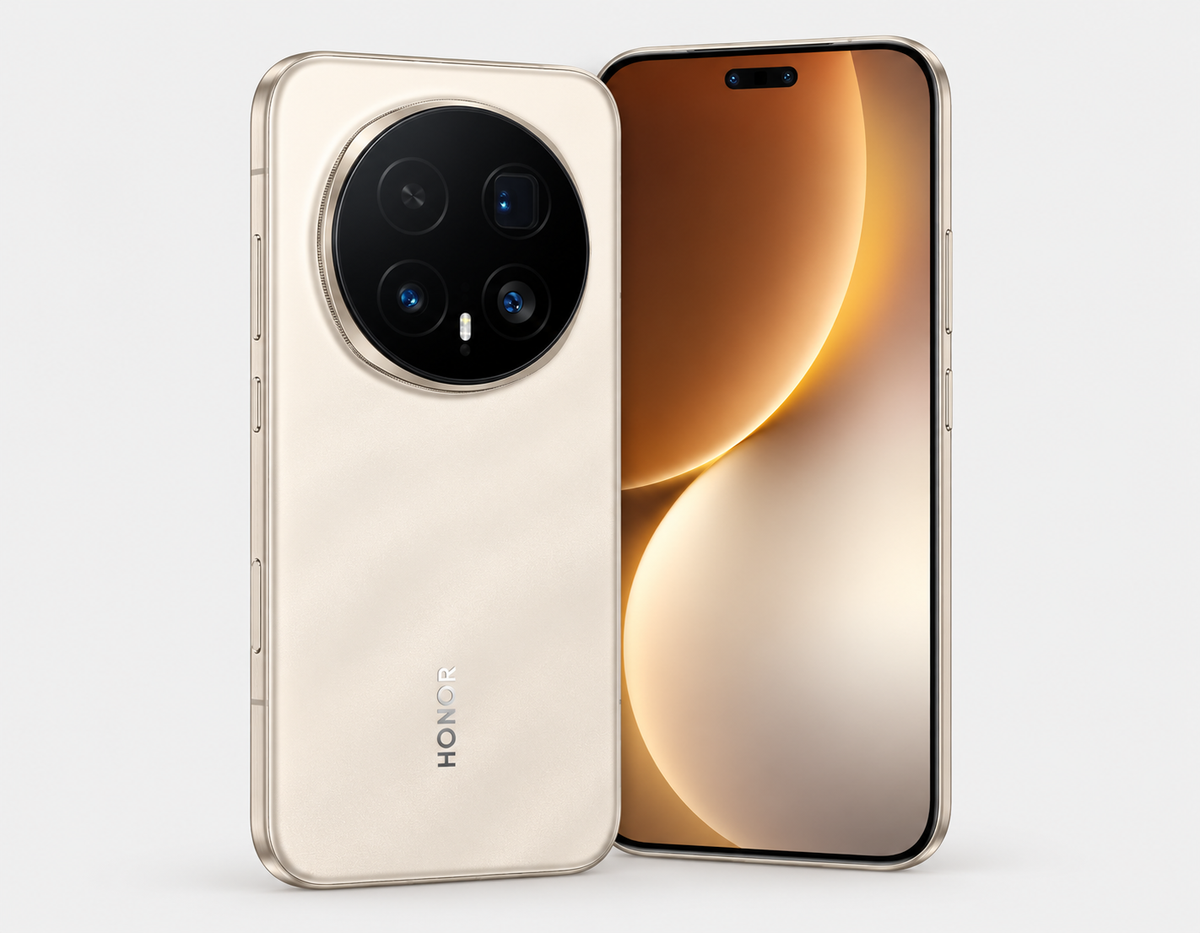 Honor Magic8 Pro smartphone in sunrise gold, front and back with quad camera