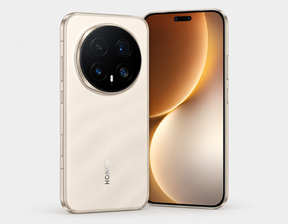 Honor Magic8 Pro smartphone in sunrise gold, front and back with quad camera