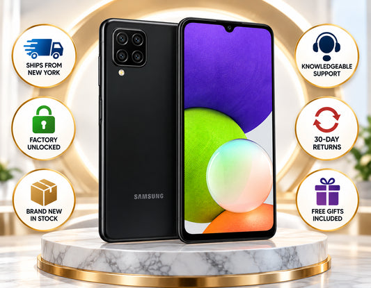 Samsung Galaxy A22 4G Black Samsung Galaxy smartphone with front display and rear triple-camera module