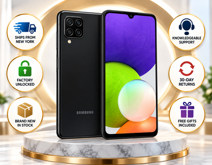 Samsung Galaxy A22 4G Black Samsung Galaxy smartphone with front display and rear triple-camera module