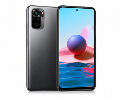 Xiaomi Redmi Note 10 Onyx gray smartphone with dual cameras on back and touchscreen front