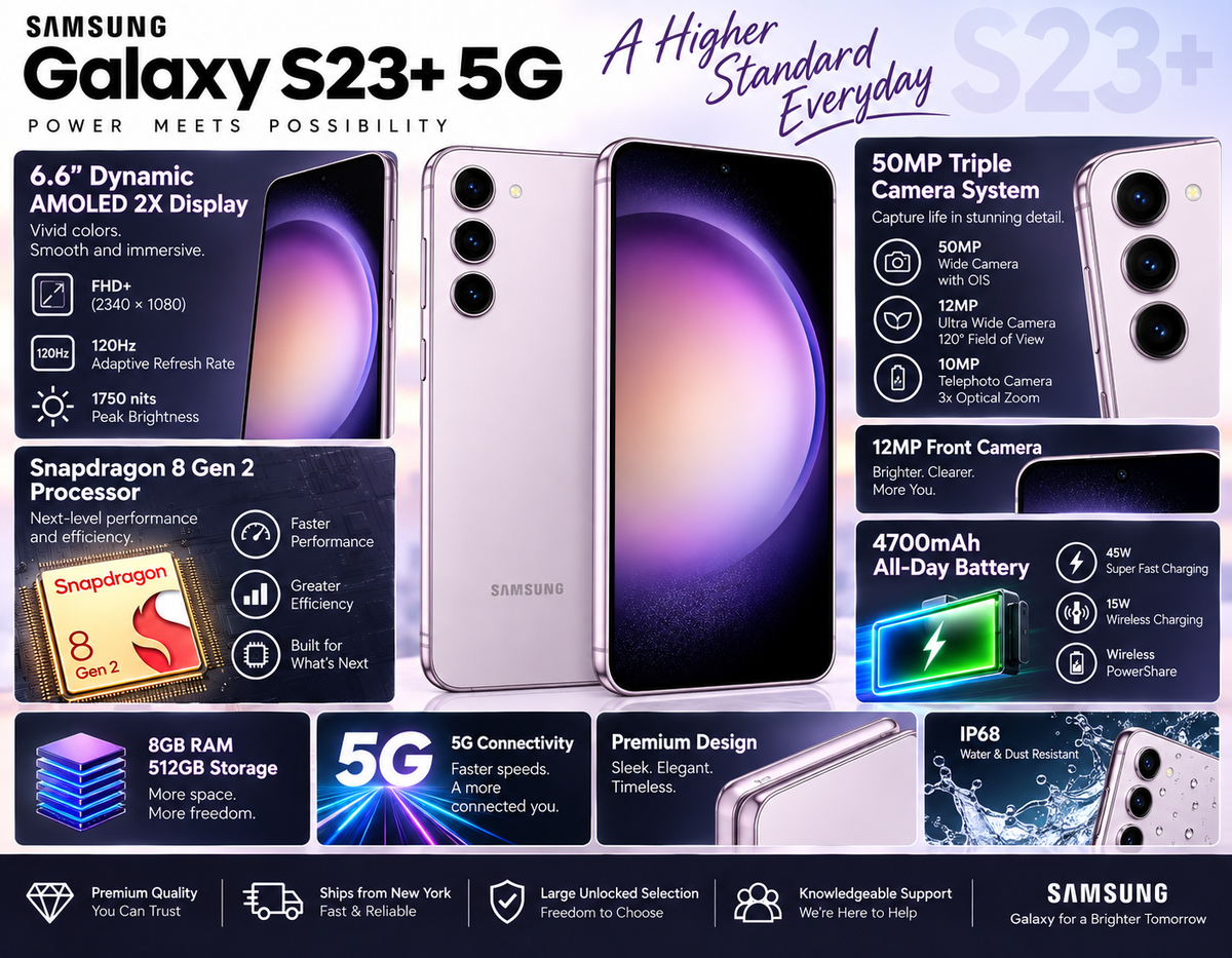Lavender Galaxy S23+ 5G phone with screen, rear cameras, and side view