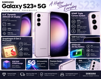 Lavender Galaxy S23+ 5G phone with screen, rear cameras, and side view
