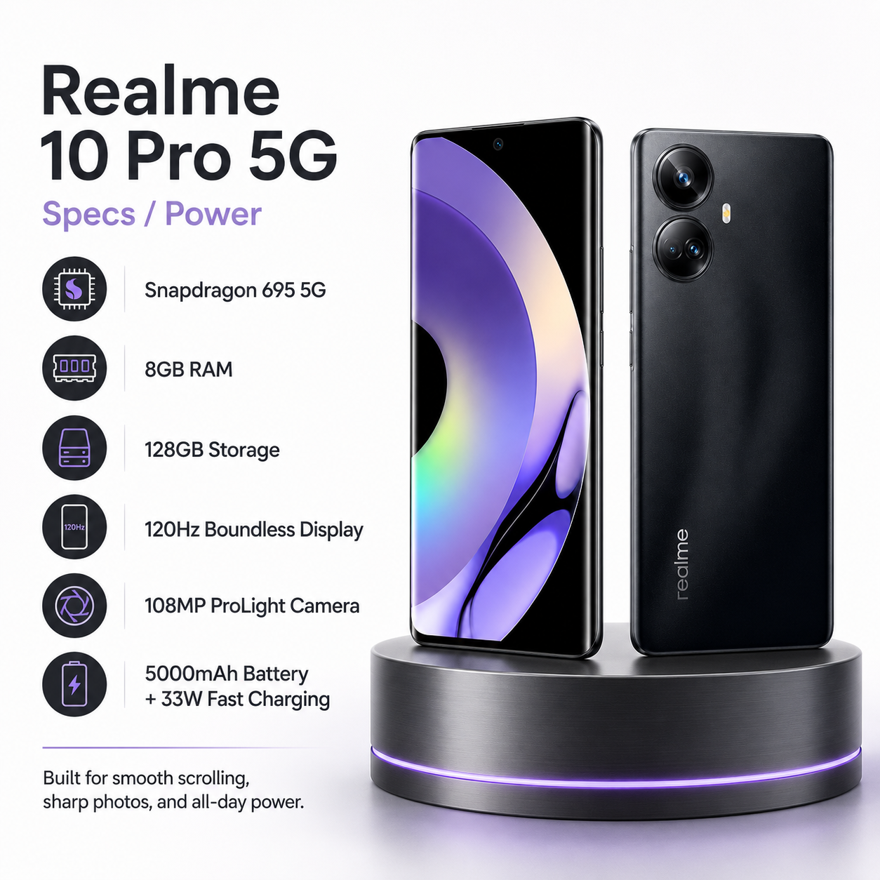 Realme 10 Pro 5G Black Realme 5G smartphone with purple front screen and dual rear camera lenses.
