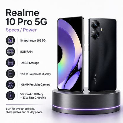 Realme 10 Pro 5G Black Realme 5G smartphone with purple front screen and dual rear camera lenses.