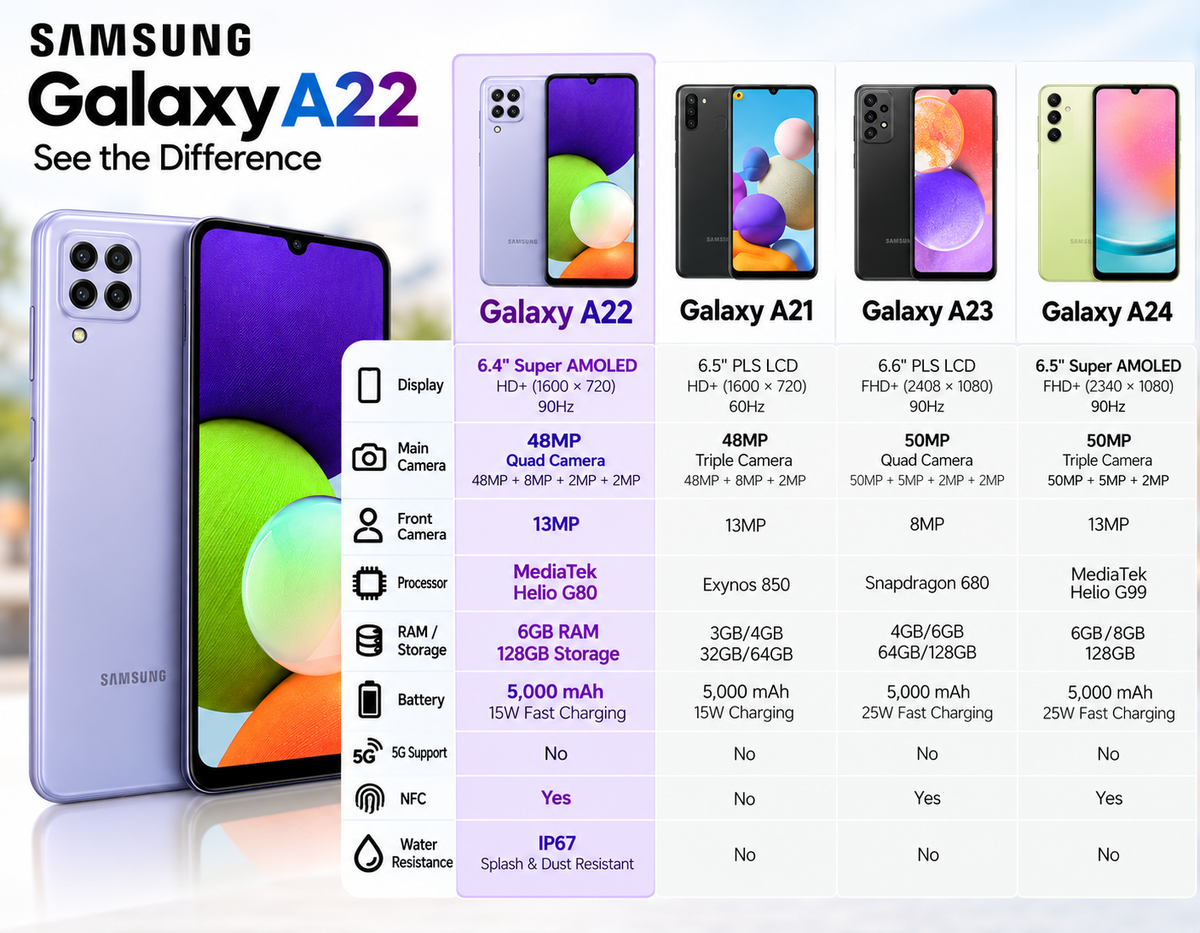 Samsung Galaxy A22 4G A225F LTE 128GB 6GB RAM Dual Sim GSM Unlocked - Violet