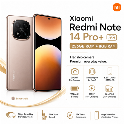 Xiaomi Redmi Note 14 Pro Plus 5G 256GB ROM 8GB RAM Dual SIM GSM Unlocked - Sandy Gold