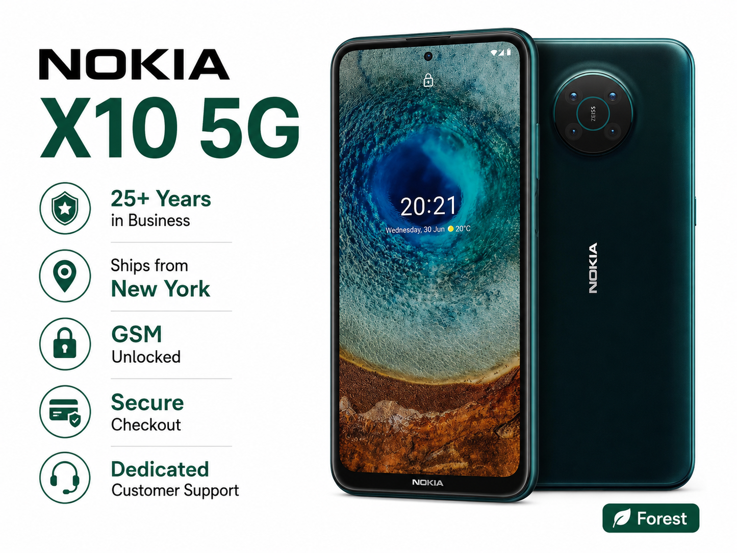 Teal Nokia X10 5G phone front and rear with round camera module, Forest