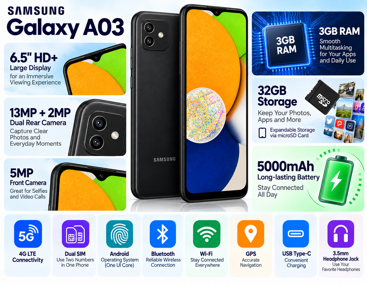 Black Samsung Galaxy A03 smartphone with front display and dual rear cameras