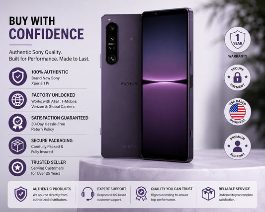 Purple Sony Xperia 1 IV smartphone with dual camera back, front display on