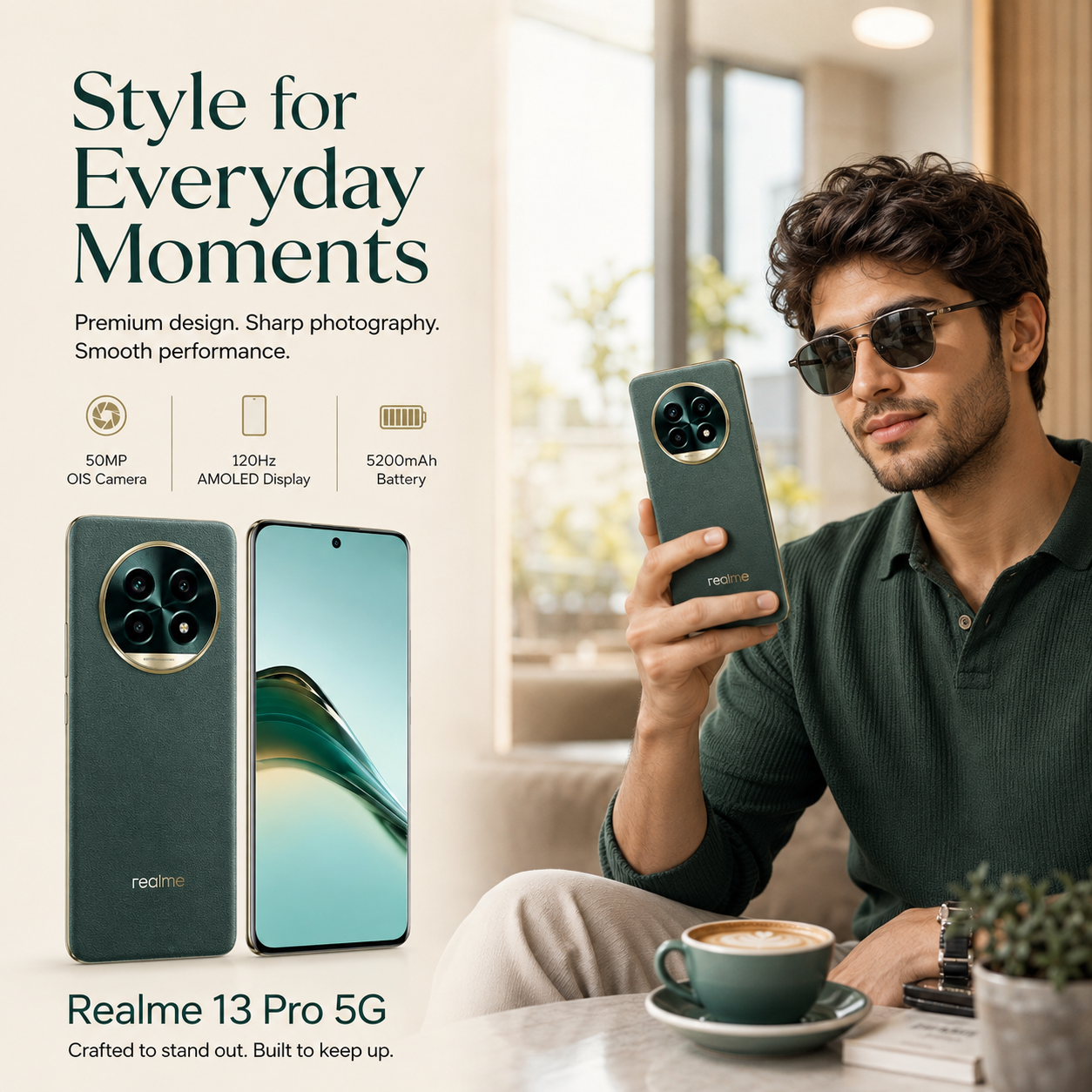 Emerald green Realme 13 Pro 5G phone held by a man, showing back and side.