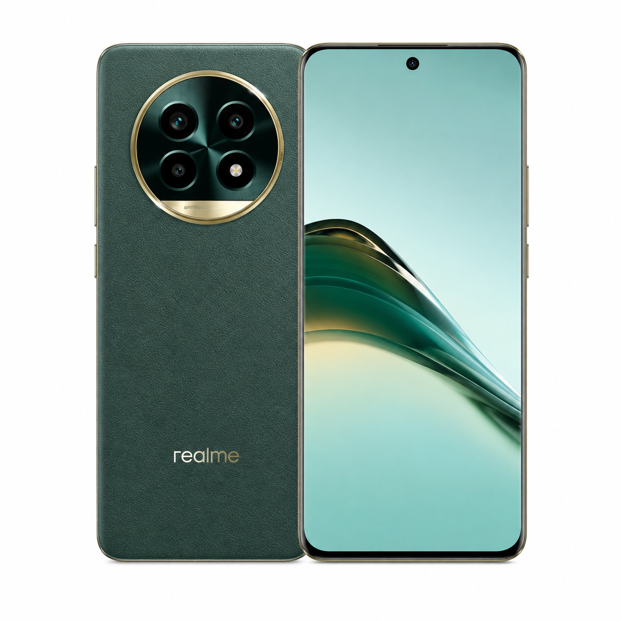 Emerald green Realme 13 Pro 5G phone front and back, dual camera ring visible.
