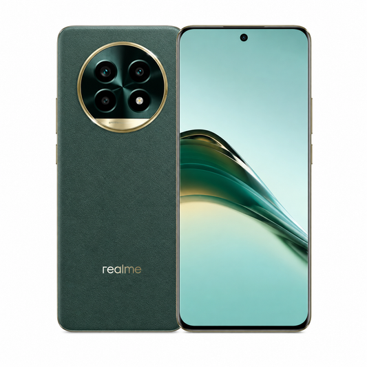 Emerald green Realme 13 Pro 5G phone front and back, dual camera ring visible.