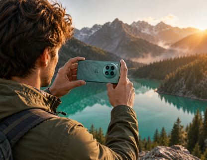 Person holding a green OnePlus 12 smartphone, photographing outdoors