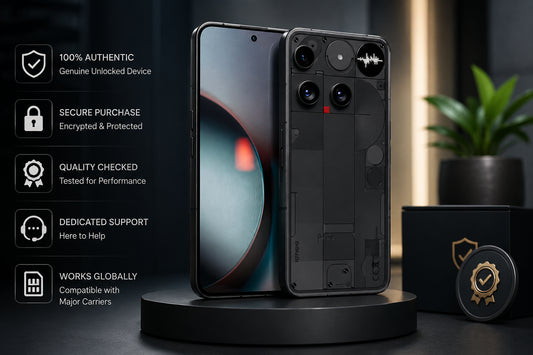 Nothing Phone (3) 5G unlocked smartphone in black, front and rear on display stand