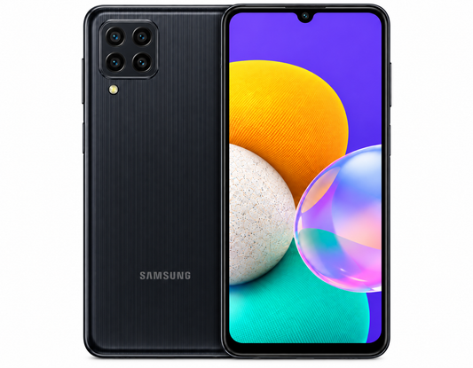 Samsung Galaxy M32 Black Samsung smartphone with dual rear cameras and bright front display