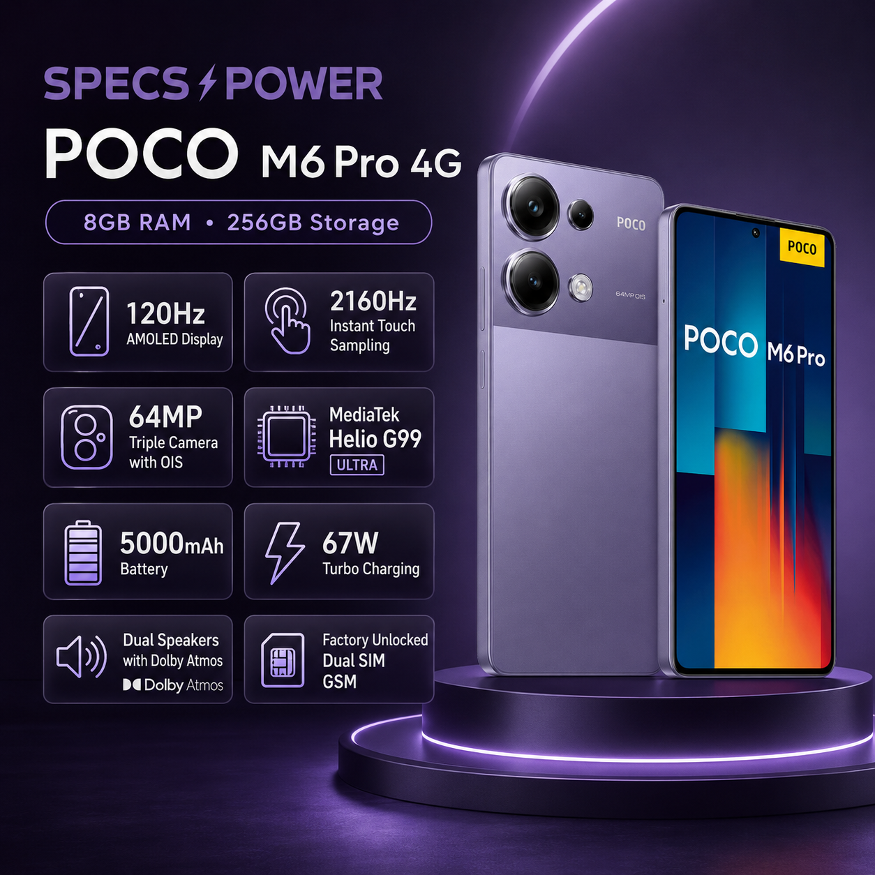 Xiaomi Poco M6 Pro 4G Dual SIM 256GB ROM 8GB RAM GSM Unlocked - Purple
