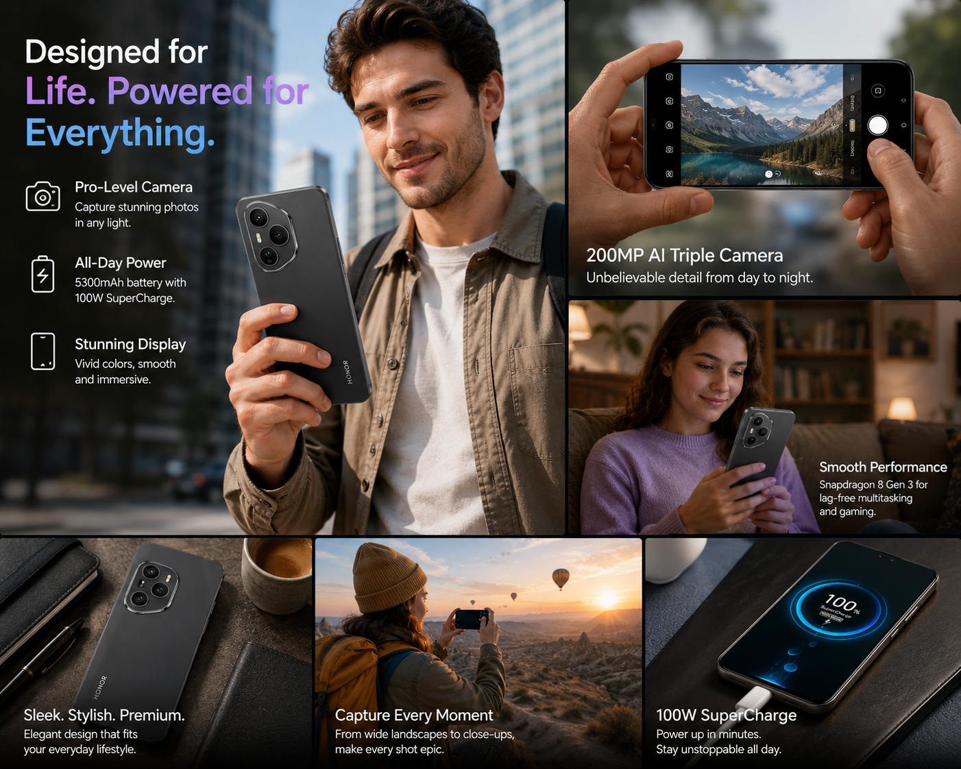 Honor 400 Pro 5G Honor smartphone in black held by person, front and rear views visible
