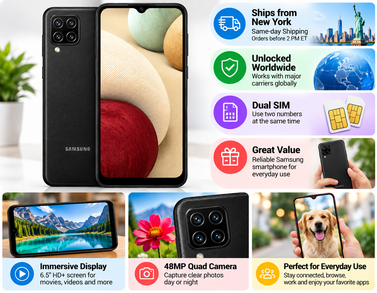 Black Samsung Galaxy A12 smartphone with dual SIM and unlocked icons, quad cameras