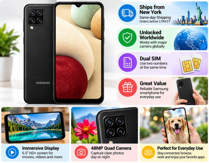 Black Samsung Galaxy A12 smartphone with dual SIM and unlocked icons, quad cameras