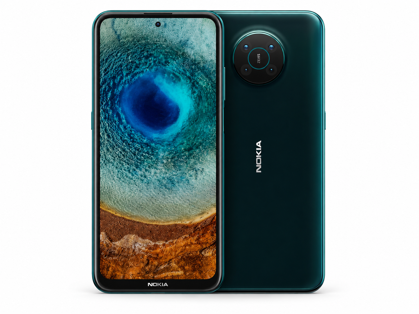 Teal Nokia X10 5G smartphone front and back, dual camera, Forest color
