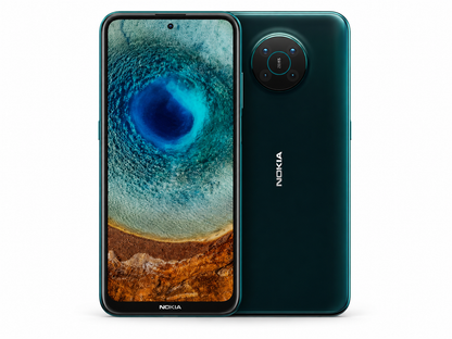 Teal Nokia X10 5G smartphone front and back, dual camera, Forest color