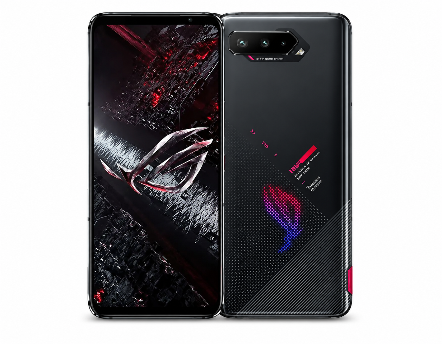 Black ASUS ROG Phone 5S smartphone, front and back view with triple camera module