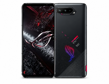 Black ASUS ROG Phone 5S smartphone, front and back view with triple camera module