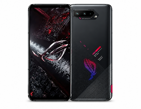 Black ASUS ROG Phone 5S smartphone, front and back view with triple camera module