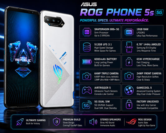 Front and back ASUS ROG Phone 5s 5G, white rear panel with logo and camera