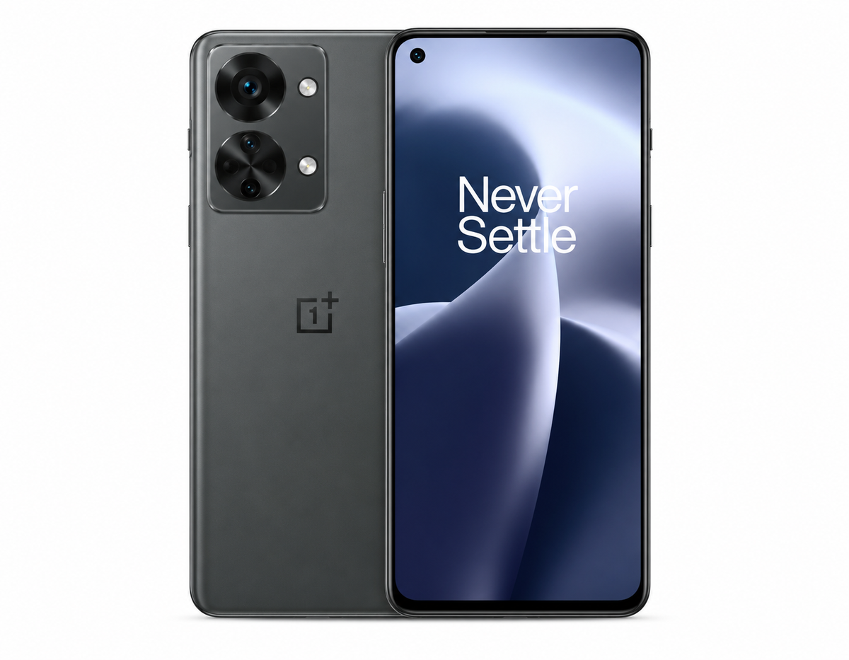 Gray OnePlus Nord 2T smartphone showing front display and rear camera module