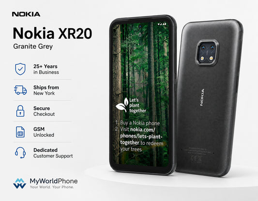 Nokia XR20 Granite gray rugged Nokia smartphone with front forest display and textured rear.