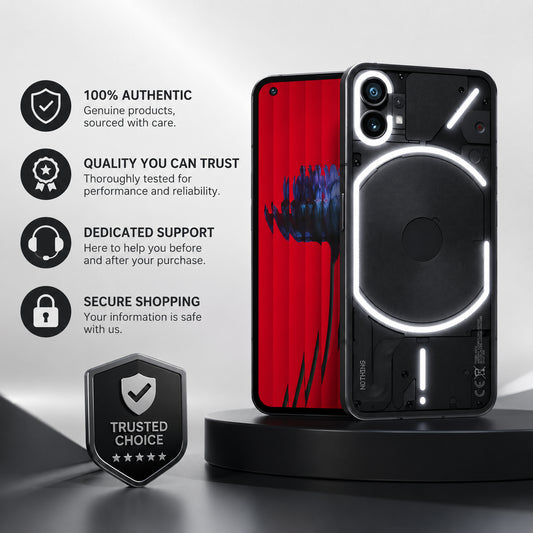 Black Nothing Phone (1) 5G smartphone, Glyph ring on back and red screen front view